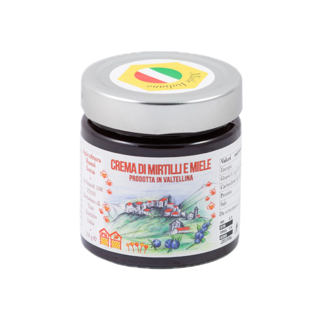 Vasetto in vetro di Crema di Mirtilli e Miele dell'Apicoltura Bassi