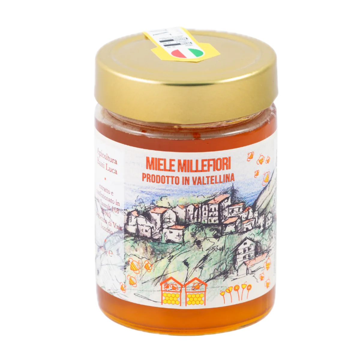 Vasetto in vetro di Miele Millefiori di Valtellina dell'Apicoltura Bassi.
