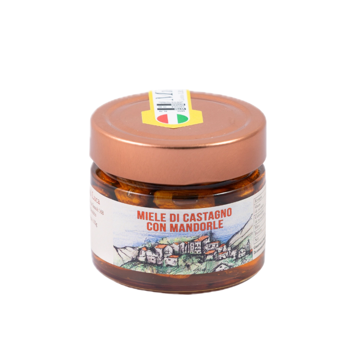 Vasetto in vetro di Miele di Castagno con Mandorle dell'Apicoltura Bassi