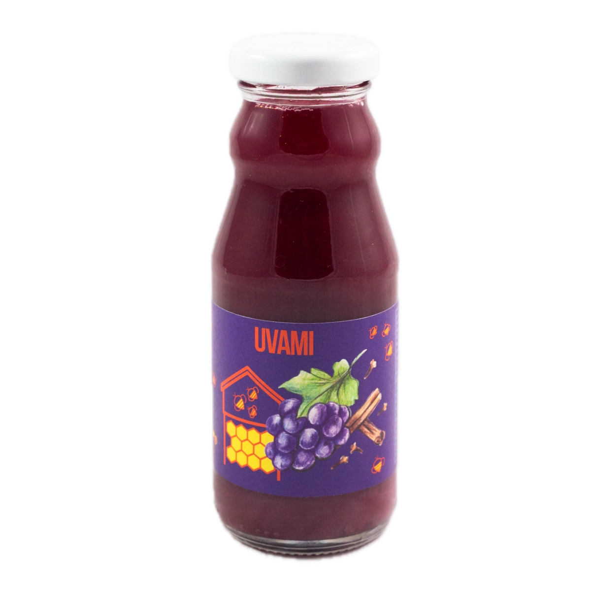 Bottiglie in vetro di Uvami, il succo d'uva e miele dell'Apicoltura Bassi.